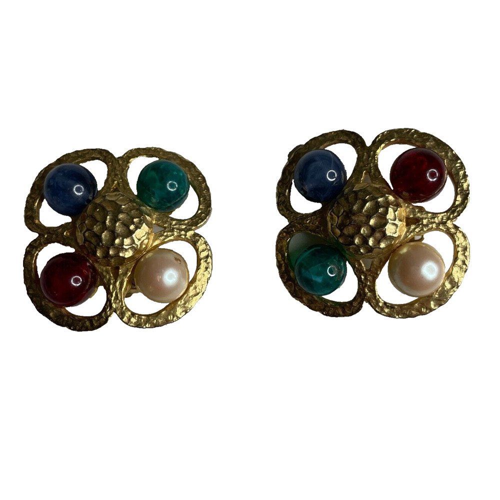 Vintage Signed Craft Gem-Craft Mogul Acrylic Gem Gold Tone Clip On Earrings